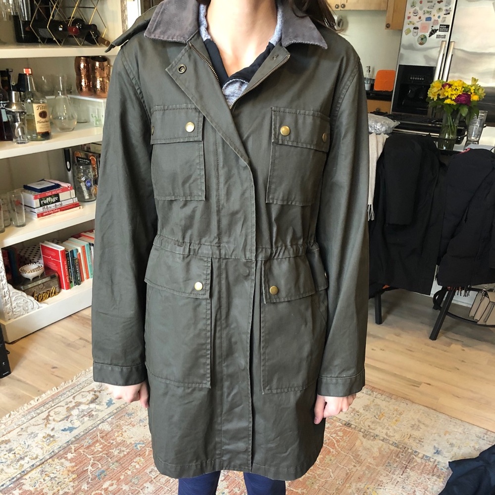 Jcrew waxed green mid-length field jacket